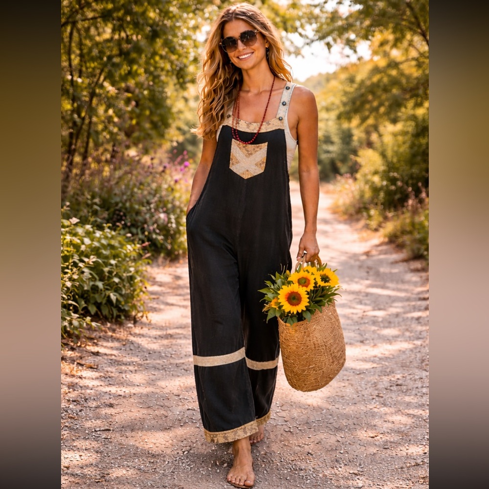 🆕 POL Boho Patchwork Wide-Leg Jumpsuit Vintage Black